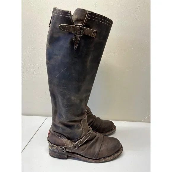 Freebird By Steven Roadie Boots Womens 9 Brown Leather Knee-High Red Back Zip